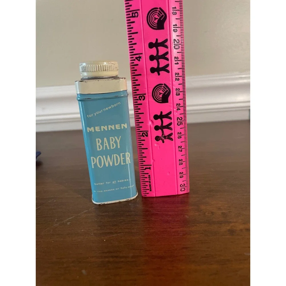 Vintage Mennen Baby Powder Tin Collectible Metal Shaker Blue White 1.5 oz 4 Inch